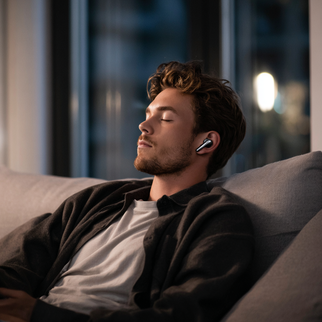 Samsung Galaxy Buds 3 Pro in Anwendung: Zuhause auf dem Sofa