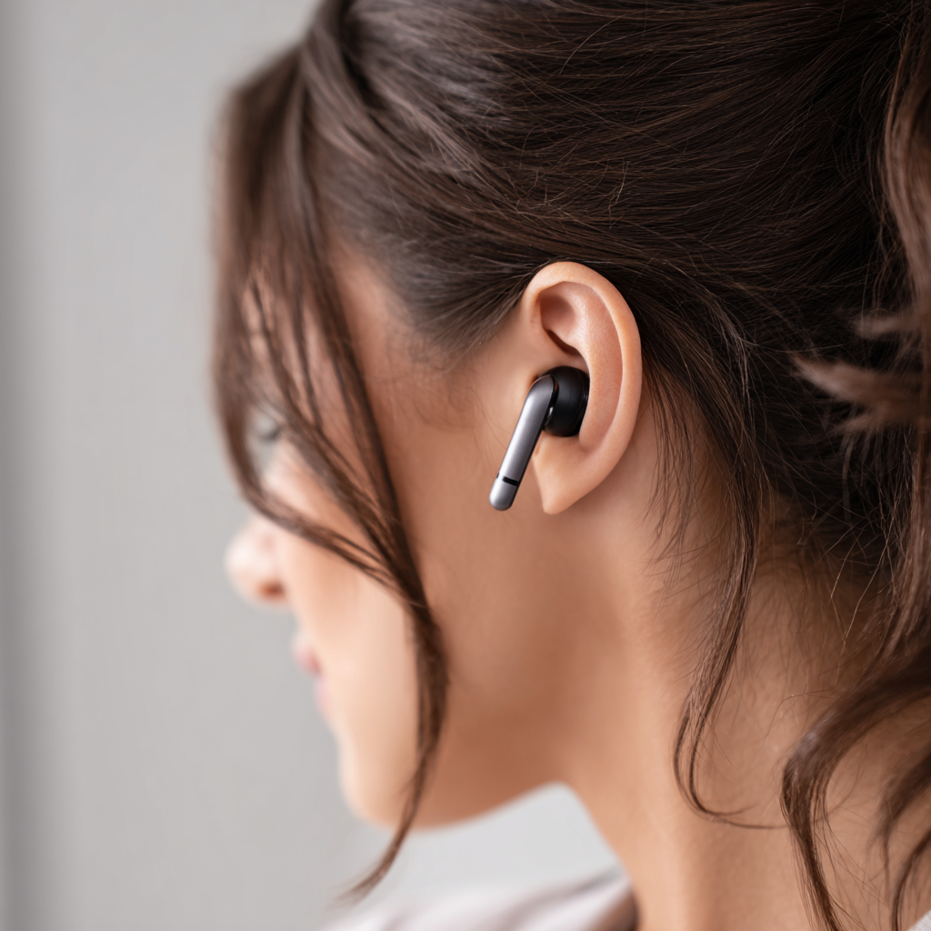 Samsung Galaxy Buds 3 Pro in Anwendung: Nah Aufnahme beim Ohr