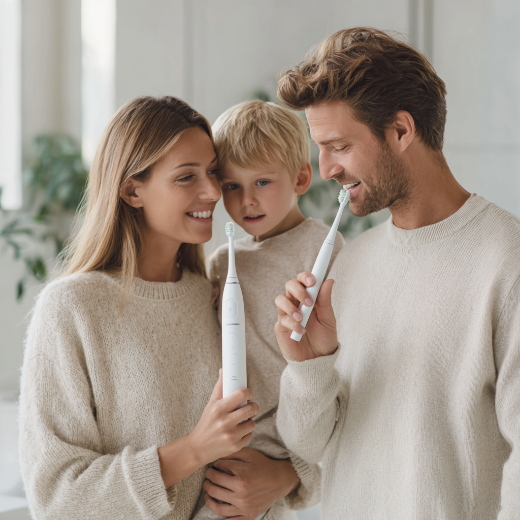 Familie putzt sich die Zähne mit der PHILIPS Sonicare 4100 Series Zahnbürste