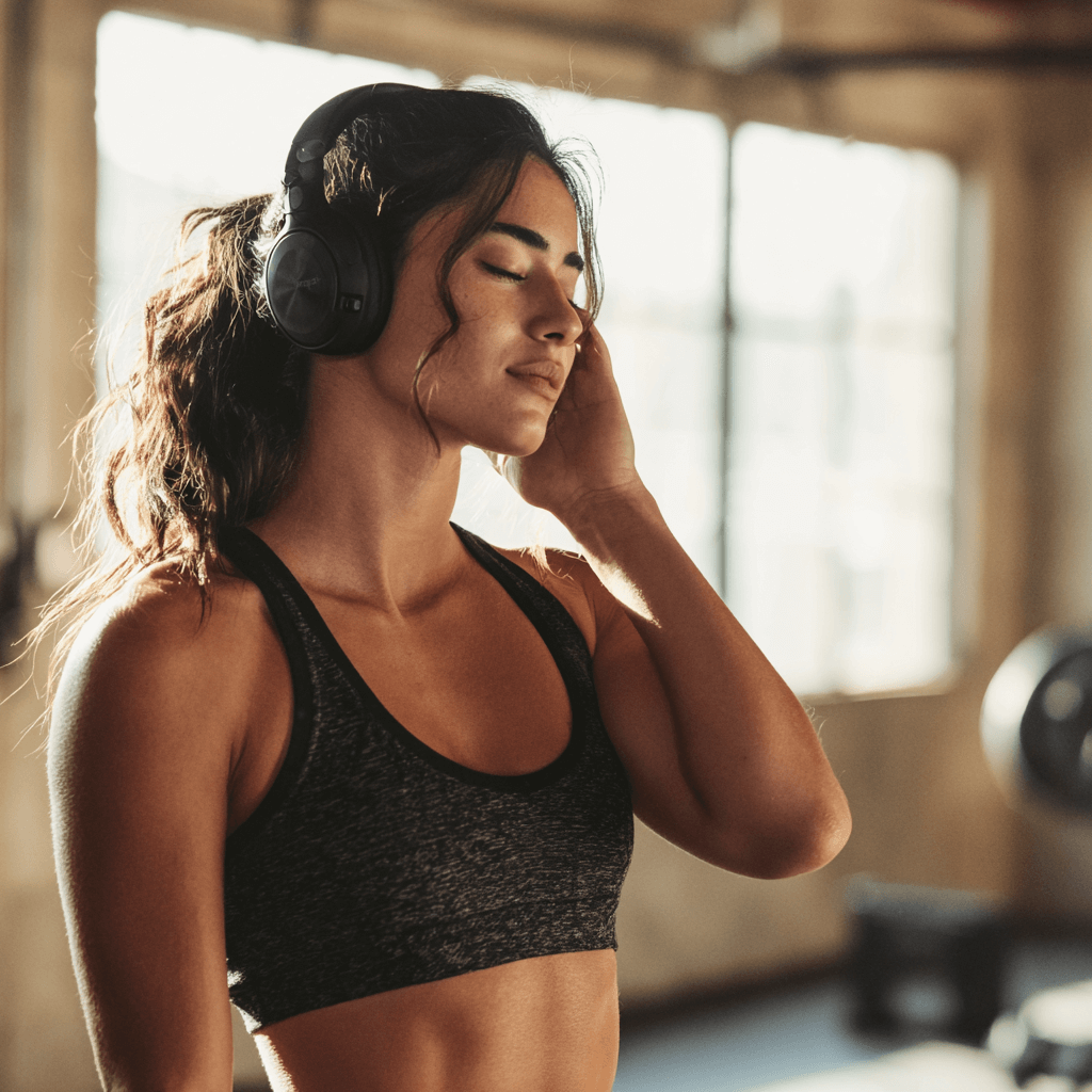 Frau hört mit den Kopfhörern Musik im Gym