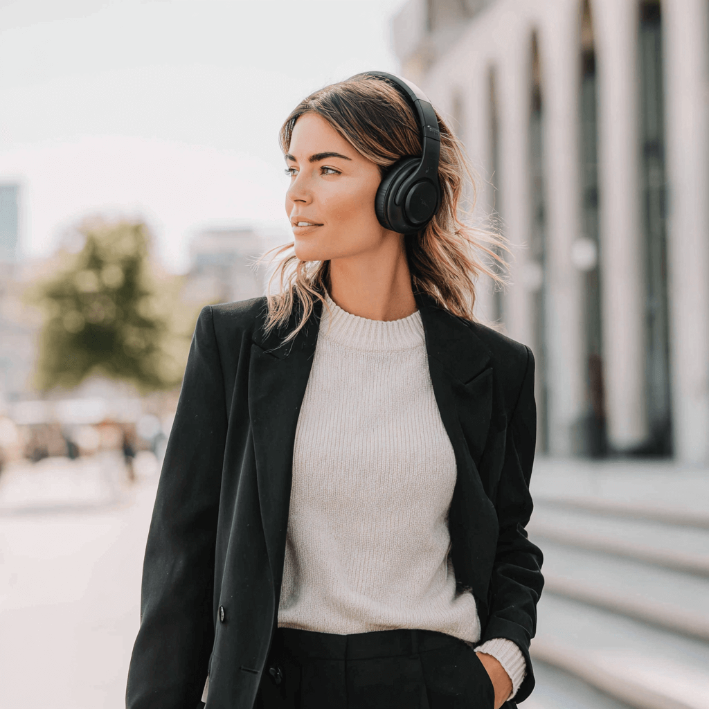 Frau hört Musik in Business Stil