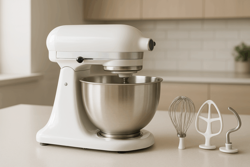Kompakte weisse Küchenmaschine im Küchenmaschine Test, platziert auf einer hellen Arbeitsplatte, mit komplettem Patisserie-Set aus Schneebesen, Rührbesen und Knethaken für vielfältige Back- und Knetarbeiten.
