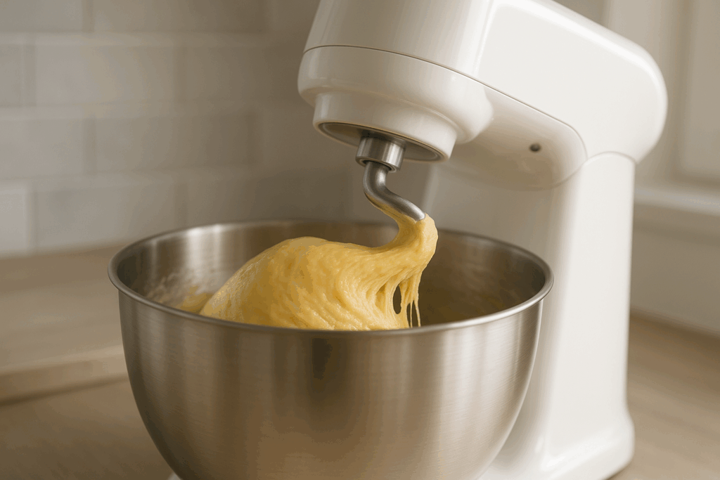 Küchenmaschine im Küchenmaschine Test beim Kneten eines elastischen Hefeteigs mit Edelstahlhaken, ideal für Brot- und Zopfrezepte im Alltagseinsatz.