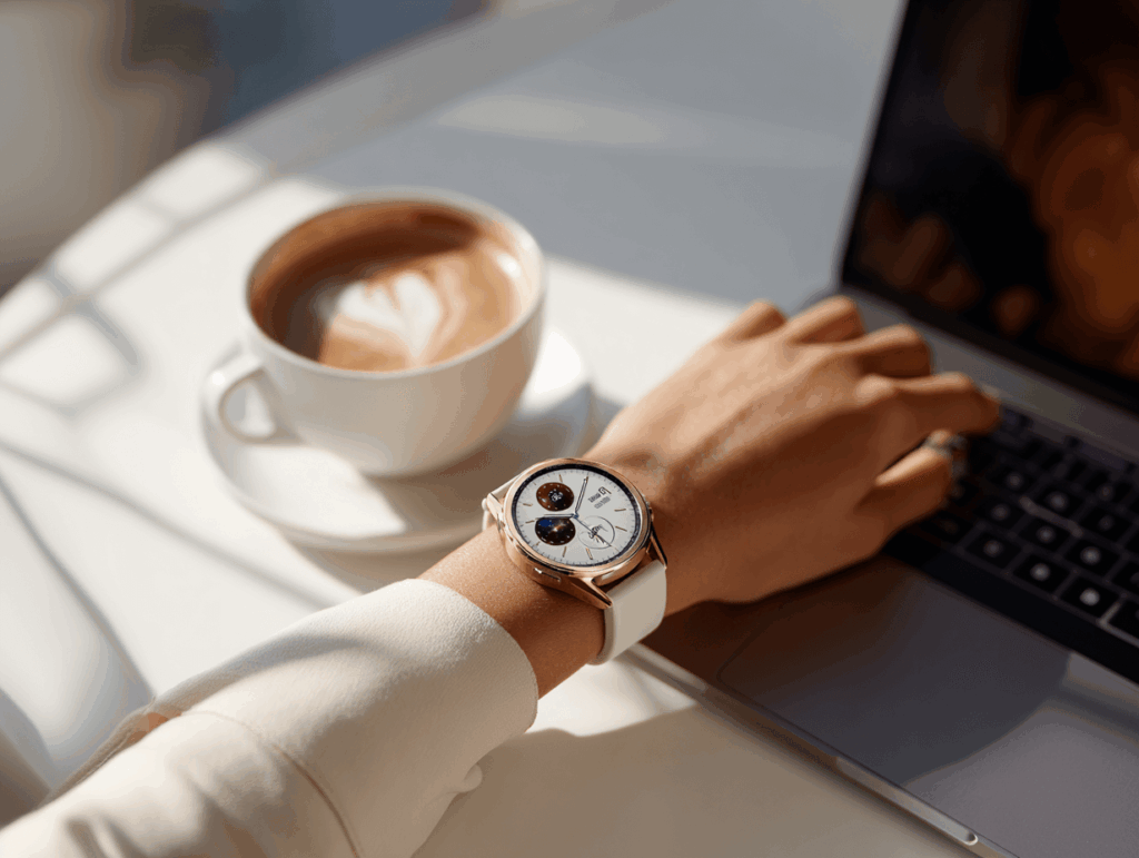 Samsung Galaxy Watch 8 mit Kaffee und Notebook