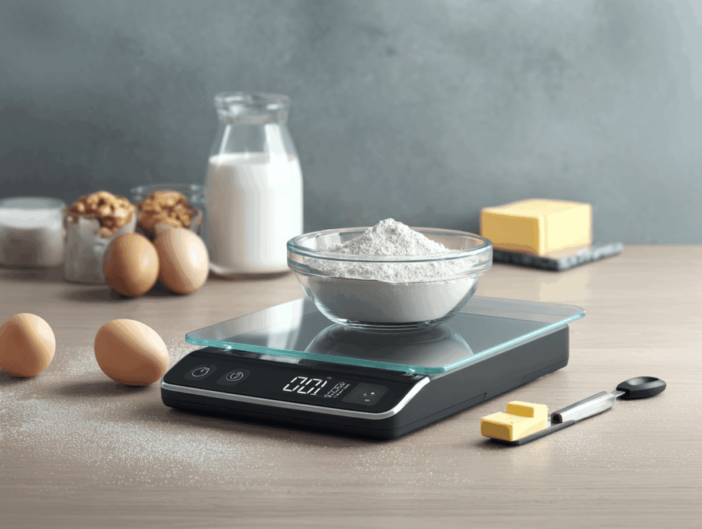 Küchenwaage mit Mehl, Butter und Eier