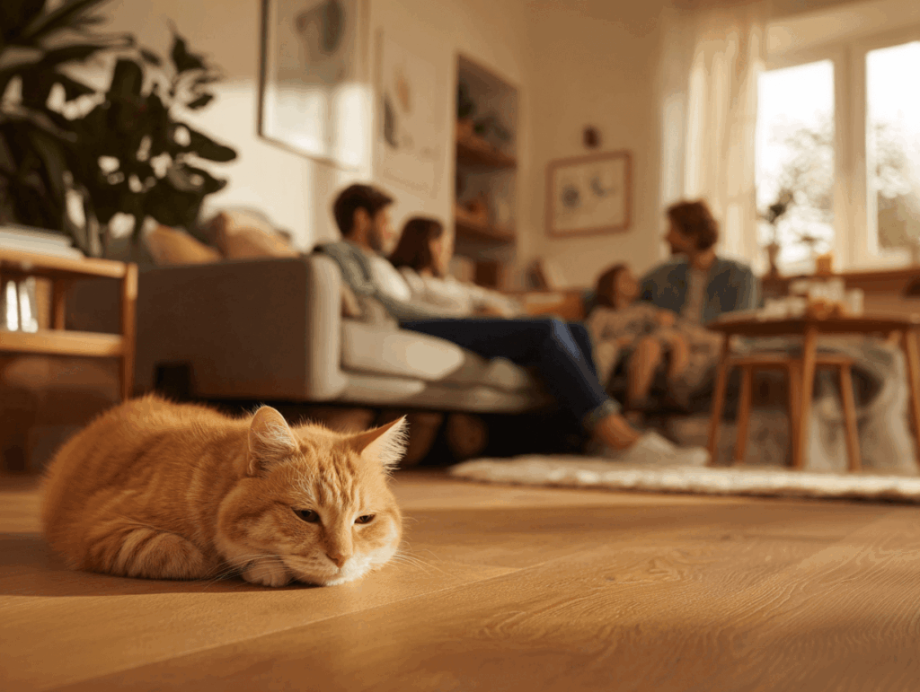 Dreame X50 Ultra Complete im Wohnzimmer mit Familie und Katze