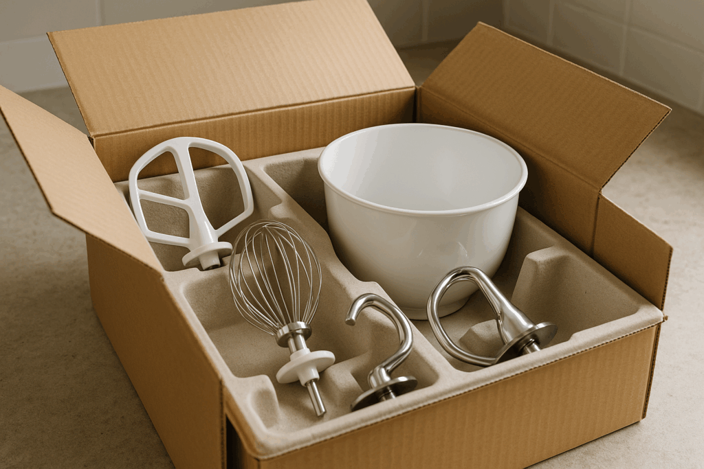 Geöffnete Verpackung einer modernen Küchenmaschine im Küchenmaschine Test, mit sauber angeordnetem Backzubehör wie Rührbesen, Schneebesen, Knethaken und Kunststoffschüssel – ideal für Kneten und Rühren.