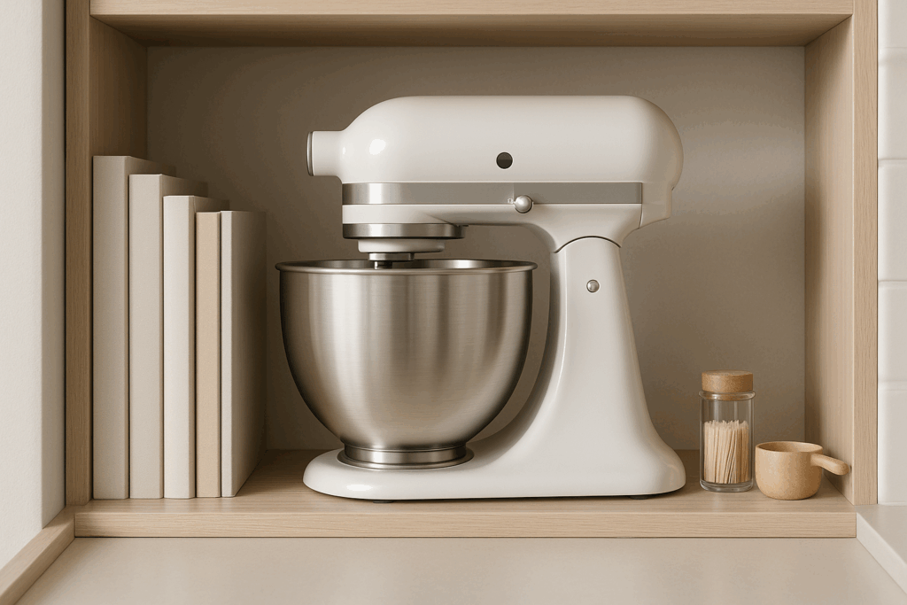 Weisse Küchenmaschine aus dem Küchenmaschine Test ordentlich im offenen Küchenregal verstaut, neben Kochbüchern und Küchenutensilien – kompakte und platzsparende Aufbewahrung.