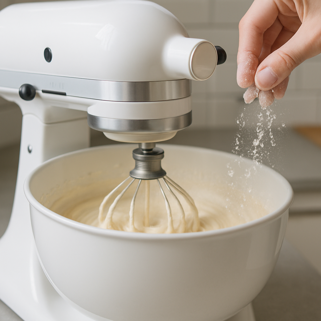 Küchenmaschine im Einsatz beim Rühren eines cremigen Rührteigs, Teil des Küchenmaschine Tests, mit einer Hand, die Mehl hinzufügt – perfekte Darstellung der Praxistauglichkeit für Hobbybäcker.