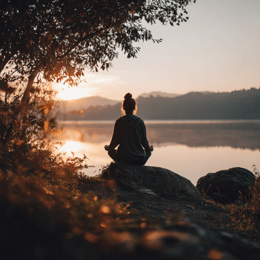 Frau bei einer Meditation am See