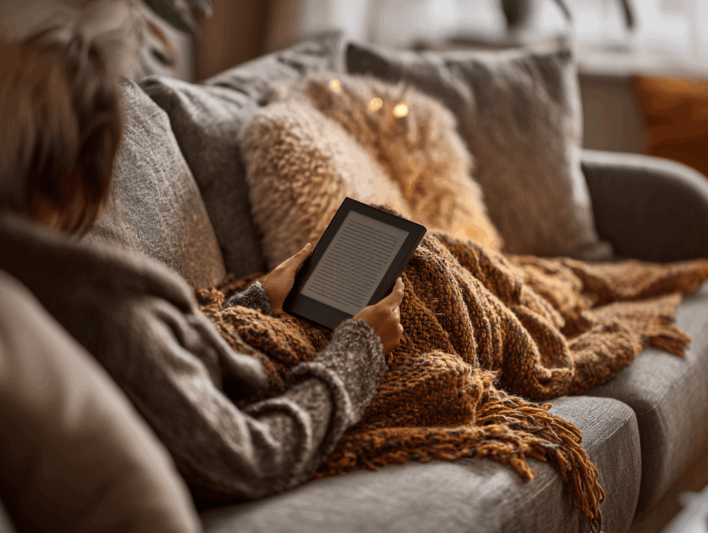 Frau sitzt auf einem Sofa und liest ein Buch auf einem E-Reader