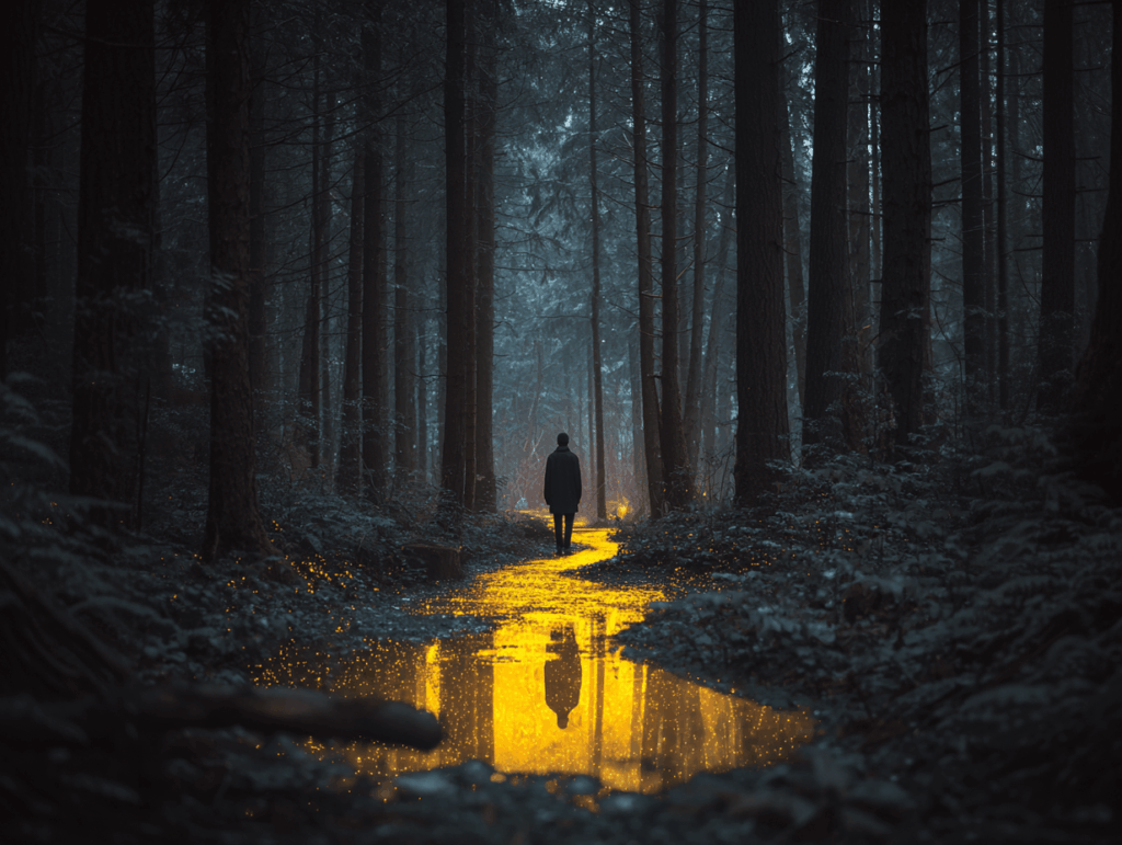 ein Mann läuft durch einen Wald.