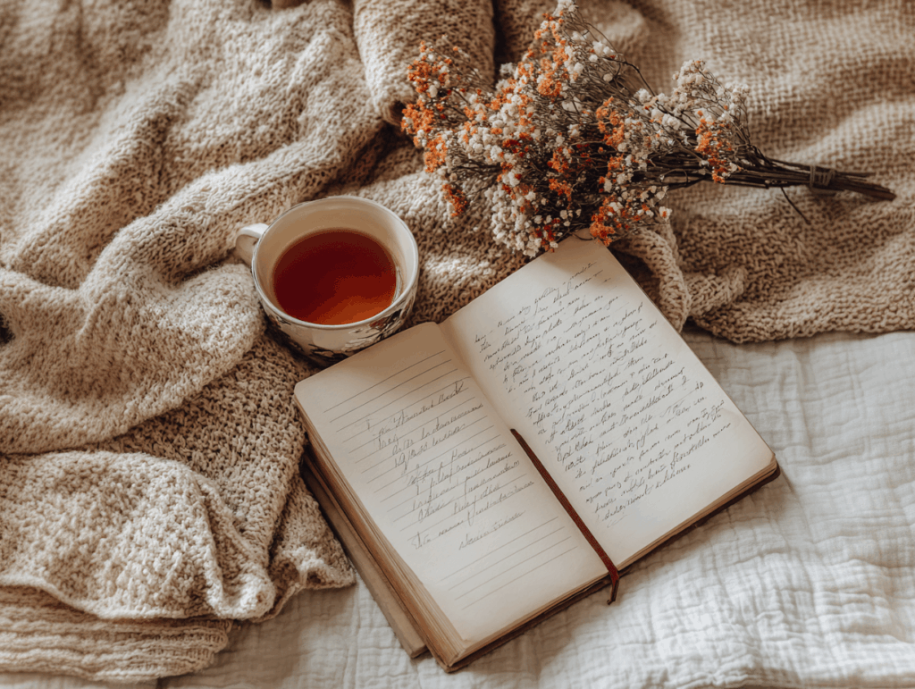Notizbuch mit einer Tasse Tee