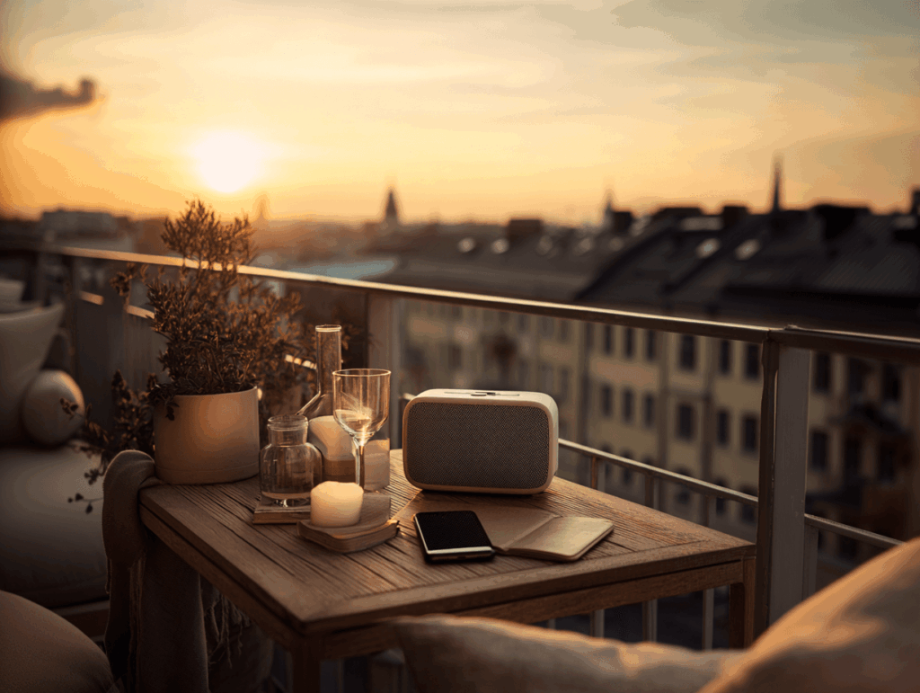 Eine Musikbox auf einer Terrasse
