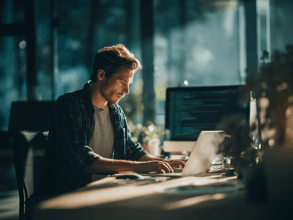 Junger Mann arbeitet konzentriert an einem aufgeräumten Schreibtisch – perfekte Darstellung für produktives Arbeiten und einen erfolgreichen Alltag mit Limitless.