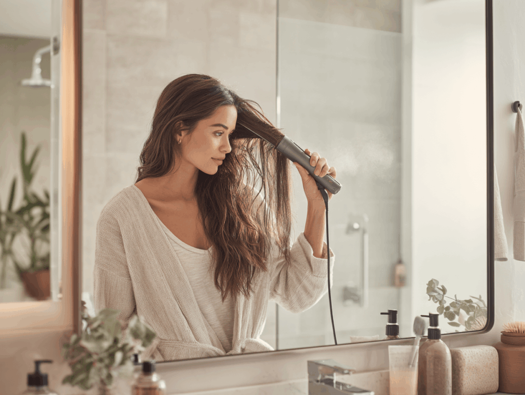 Frau glättet feuchtes Haar direkt nach dem Duschen mit dem Dyson Airstrait™ – Stylingprozess mit Warmluft und sichtbar glattem Ergebnis