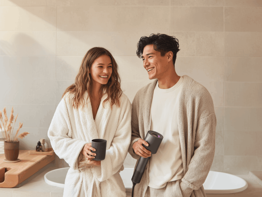 Haarstyler Zwei Personen im Badezimmer – eine verwendet den Dyson Airwrap i.d.™, die andere den Airstrait™ – Styling-Routine mit beiden Geräten im Alltag