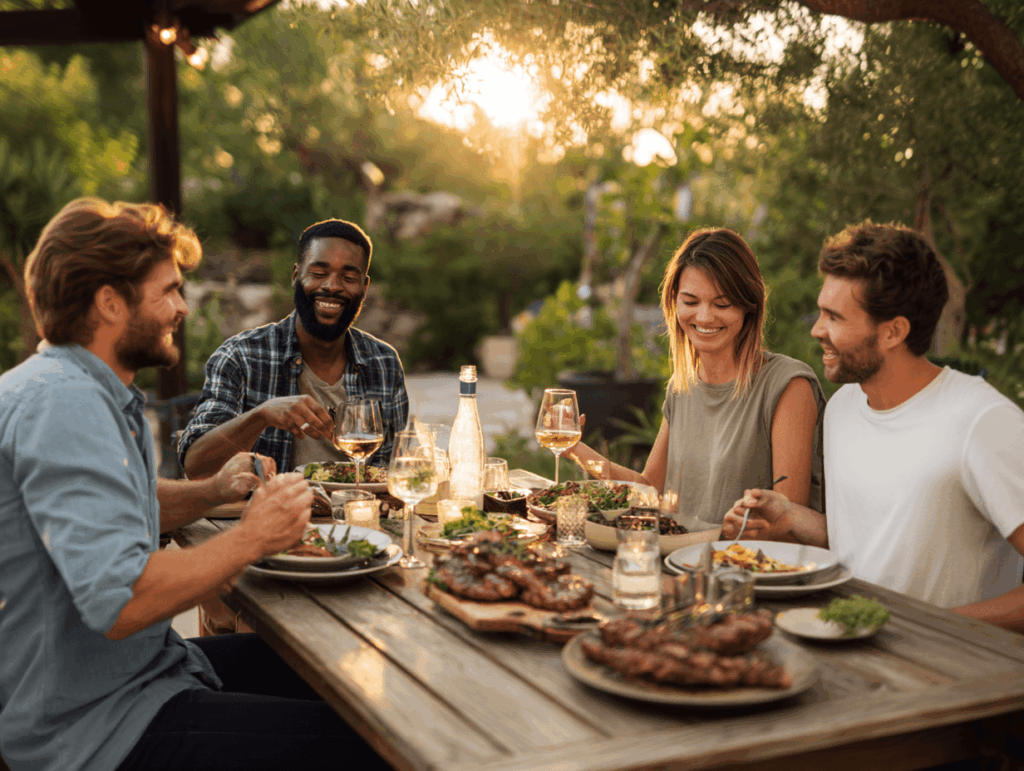 Freunde geniessen gegrilltes Fleisch mit Wein und Wasser an einem Gartentisch – gemütliche Sommerstimmung, Grillabend mit Fleischthermometern.