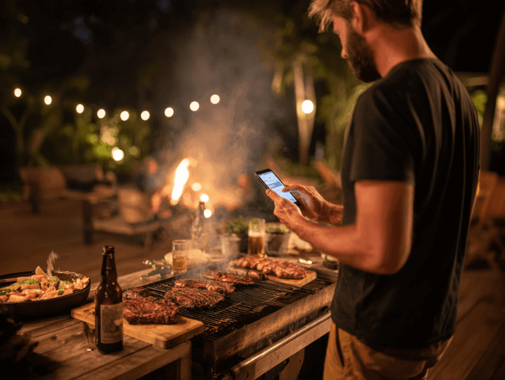 Grillmeister nutzt Smartphone-App zur Temperaturüberwachung von Inkbird und MEATER PRO – entspannte Abendstimmung beim BBQ.