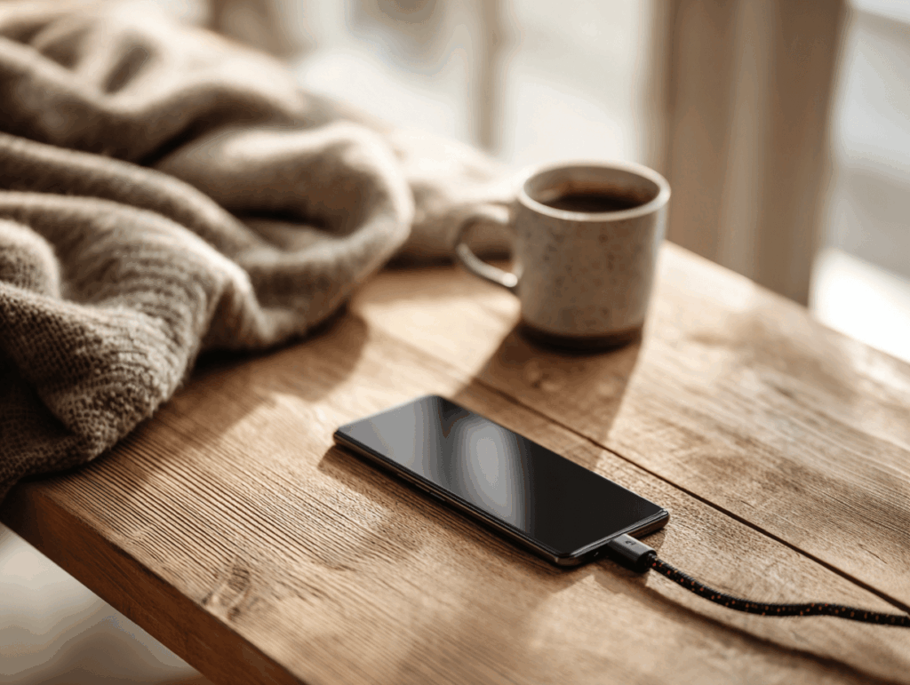UGREEN USB-C Kabel lädt ein Smartphone auf einem Holztisch – im Hintergrund eine Kaffeetasse, Alltagssituation dargestellt.