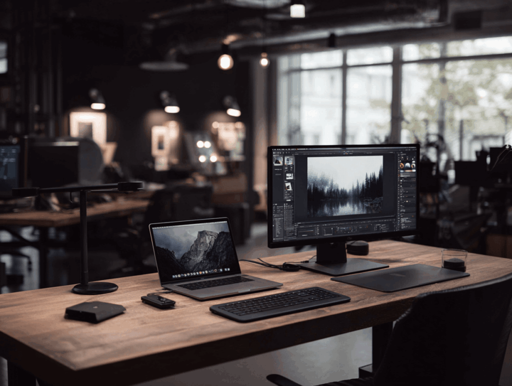 Belkin USB-C Kabel verbindet MacBook Pro mit Thunderbolt-Monitor – elegante Studioumgebung für professionelle Nutzer.