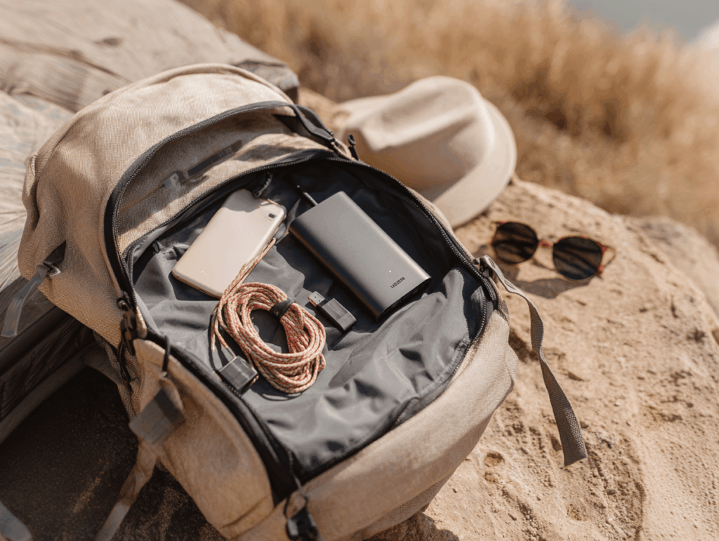 UGREEN Kabel und Powerbank in einem offenen Rucksack – ideales Zubehör für unterwegs oder Reisen.