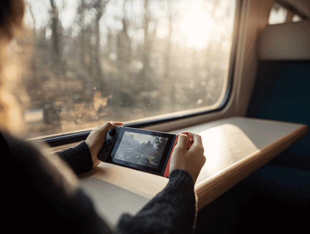 Spieler nutzt Nintendo Joy-Con im Zug auf einem Klapptisch – mobiles Spielen und praktische Nutzung im Alltag, Teil des umfassenden Gaming Review.