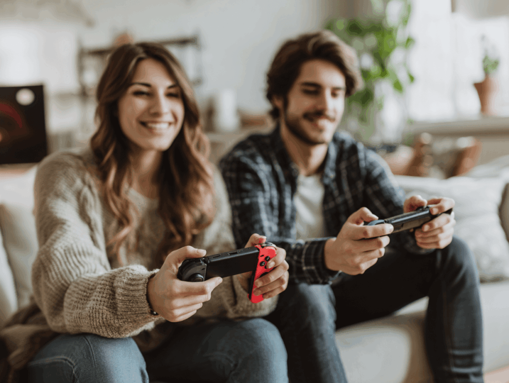 Zwei Personen spielen gemeinsam mit Nintendo Joy-Con Controllern im Wohnzimmer – authentische Controller Erfahrungen aus dem Nintendo Joy-Con Test.