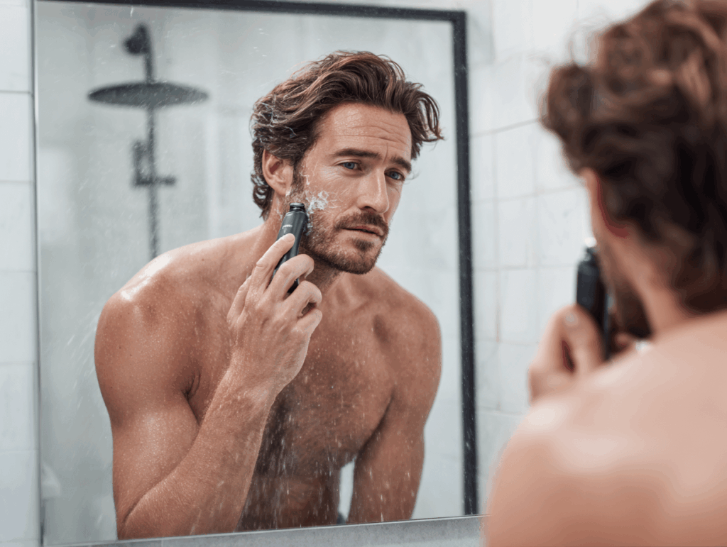 Mann rasiert sich mit dem Philips OneBlade während der morgendlichen Rasur im Bad – realistisches Anwendungsbeispiel aus dem Rasierklingen Test.