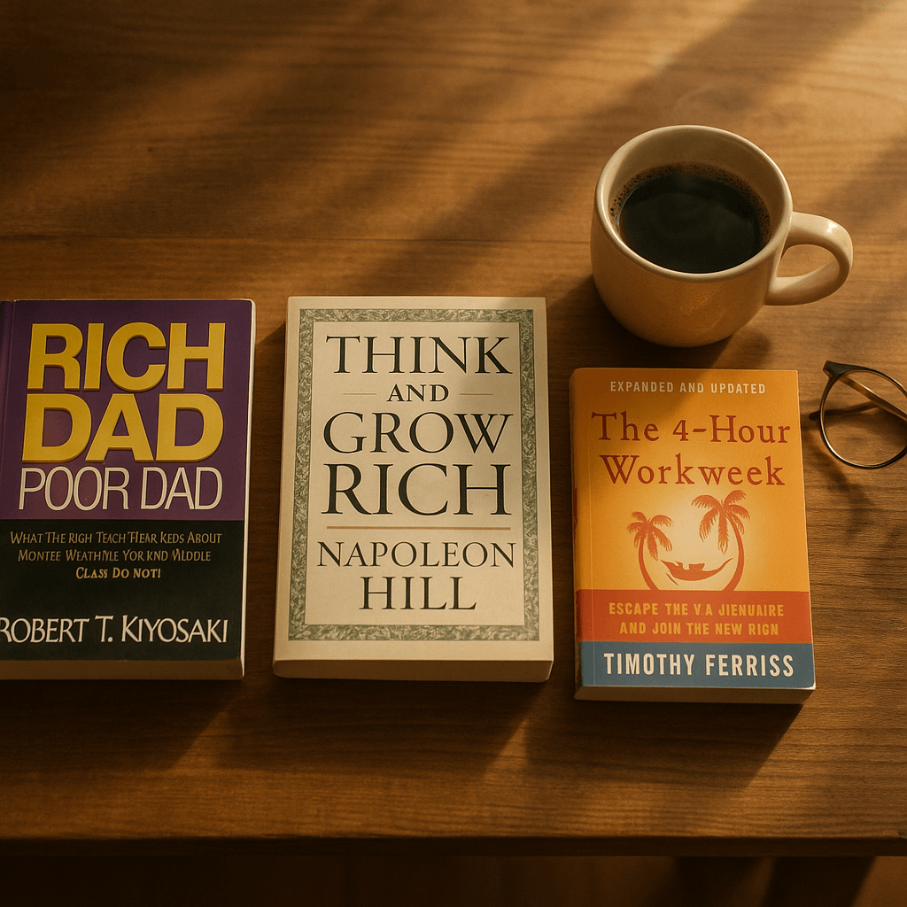 Flachliegendes Arrangement mehrerer Finanzbücher, darunter „Rich Dad, Poor Dad“, „Denke nach und werde reich“ und „Die 4-Stunden-Woche“ – perfekte Buchauswahl für finanzielle Bildung.