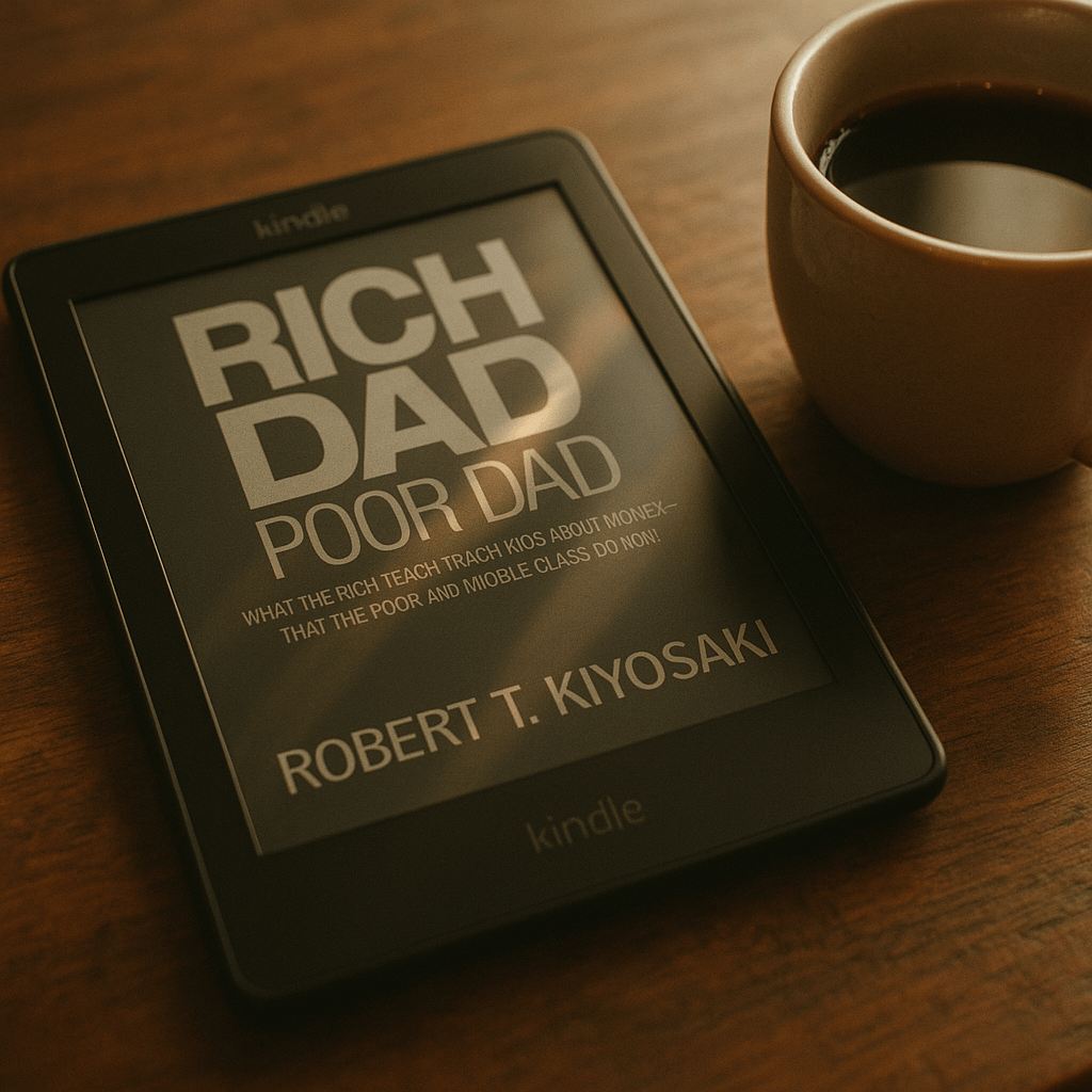Moderner eReader Tolino Vision zeigt das Finanzbuch „Rich Dad, Poor Dad“ – perfekte Kombination aus digitalem Lesen und finanzieller Weiterbildung.