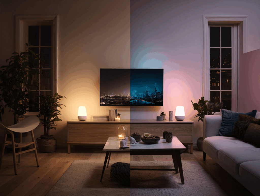Vergleich von Philips Hue und Nanoleaf Essentials im Smart Home – zwei LED-Lampen mit unterschiedlichen Lichtfarben und Designs im direkten Test.