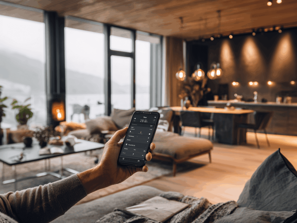 Nutzer steuert smarte LED-Lampen über Smartphone im modernen Wohnzimmer – Beispiel aus dem Smart Home Review zu Philips Hue und Nanoleaf Essentials.