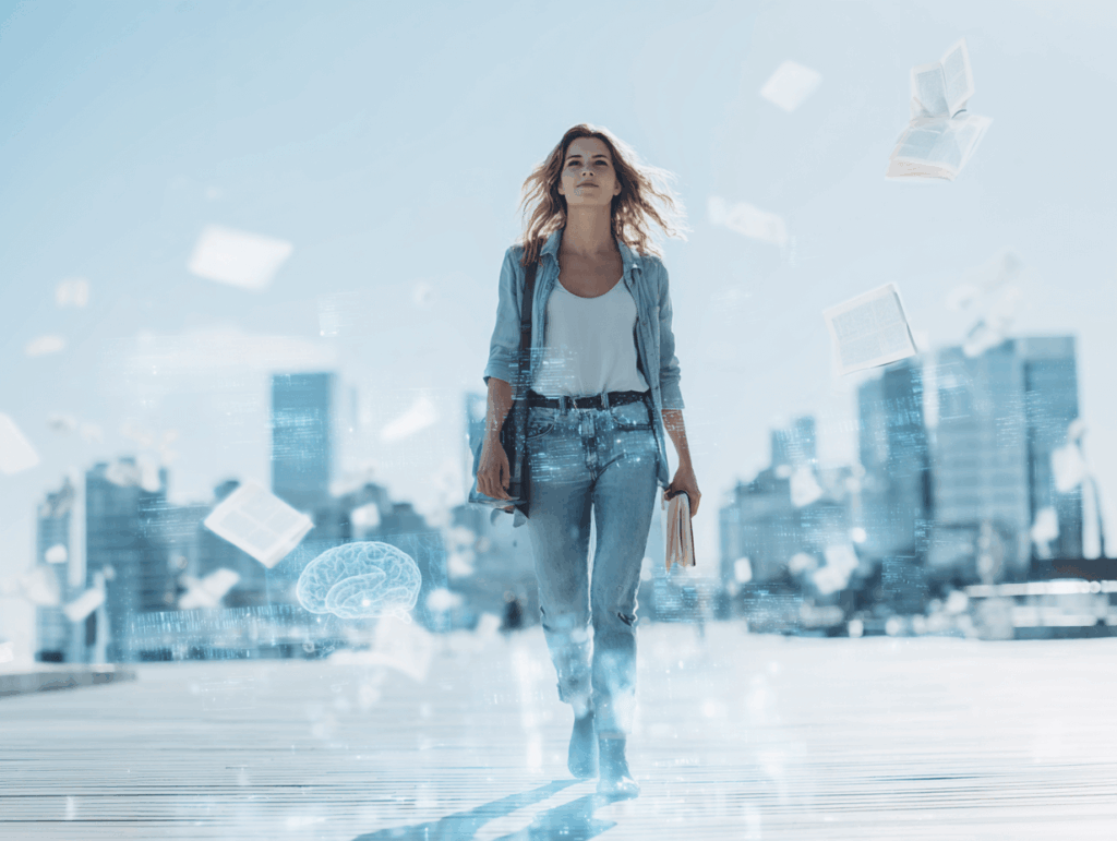 Selbstbewusste Frau in futuristischer Stadt mit schwebenden Büchern und Hologrammen – steht für den erfolgreichen Lebensstil, den Limitless fördert.