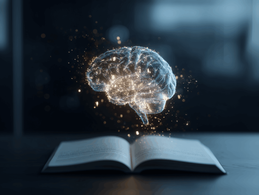 Visualisierung eines leuchtenden, digitalen Gehirns über einem Buch – zeigt, wie man mit Limitless sein Denken trainiert und erfolgreich lernt. Erfoglreich