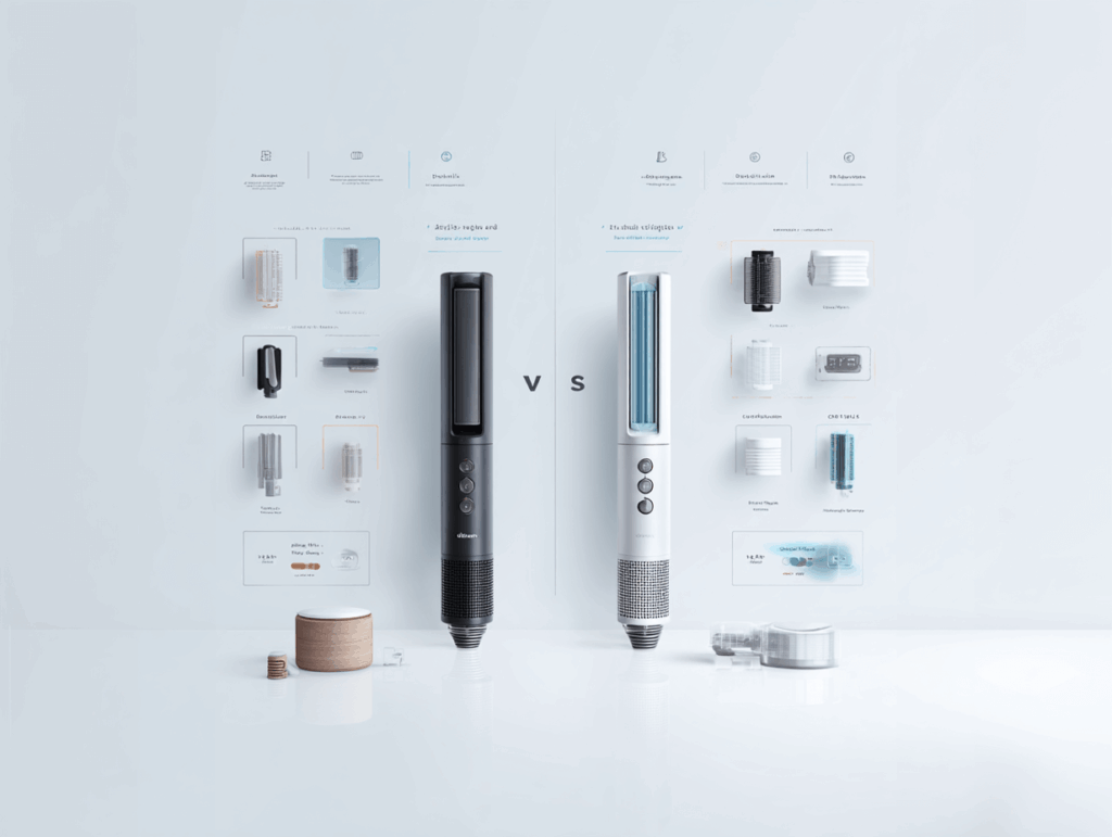 Illustrative Vergleichsgrafik von Dyson Airwrap i.d.™ und Dyson Airstrait™ – gegenübergestellt mit Symbolen und Funktionsunterschieden für schnellen Überblick