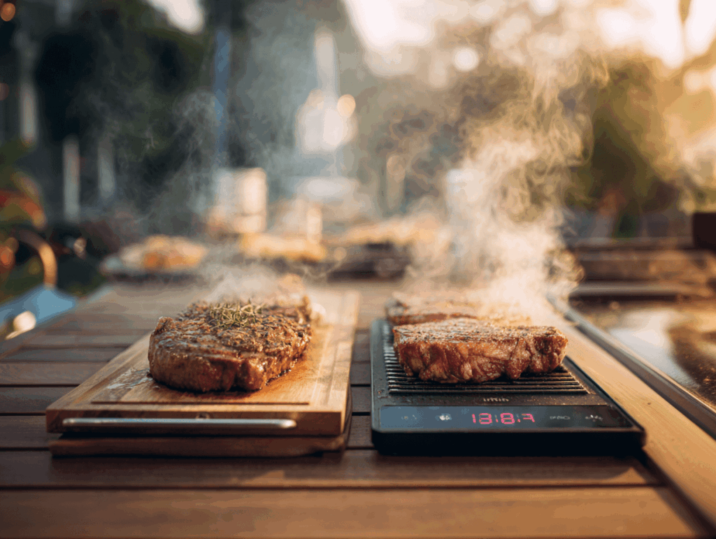 Vergleich der Fleischthermometer Inkbird IBT-26S-5G und MEATER PRO auf Holztisch mit Steak und Grillzubehör – BBQ Atmosphäre, realistisches Licht.