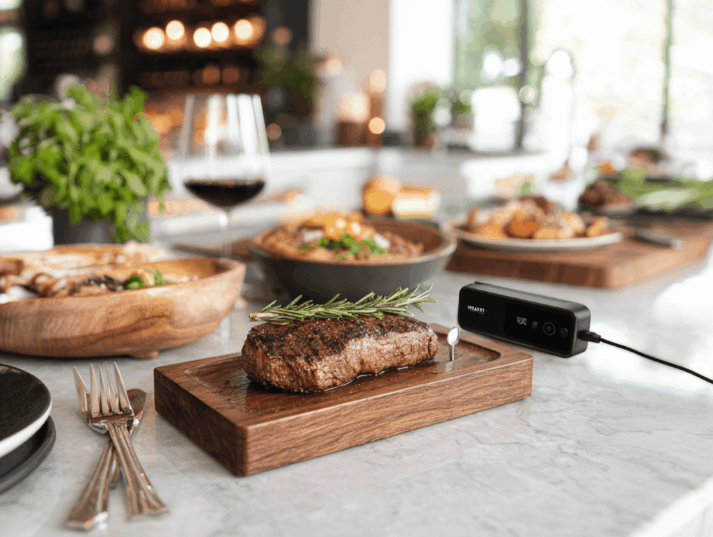 MEATER PRO kabelloses Fleischthermometer in edler Holzlade, Sonde im Steak – modernes Küchendesign, hochwertige Beleuchtung.