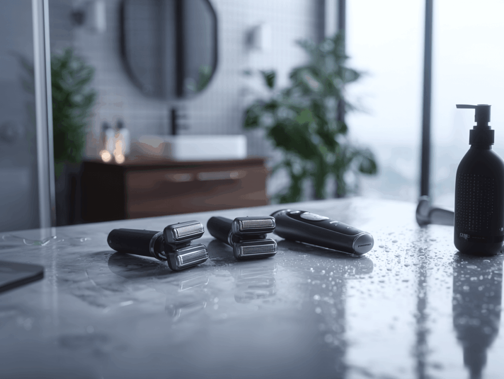 Vergleich von drei elektrischen Rasierklingen im Rasierklingen Test 2025 – Philips OneBlade, Braun 53B und Philips SH30/50 auf glänzendem Baduntergrund.