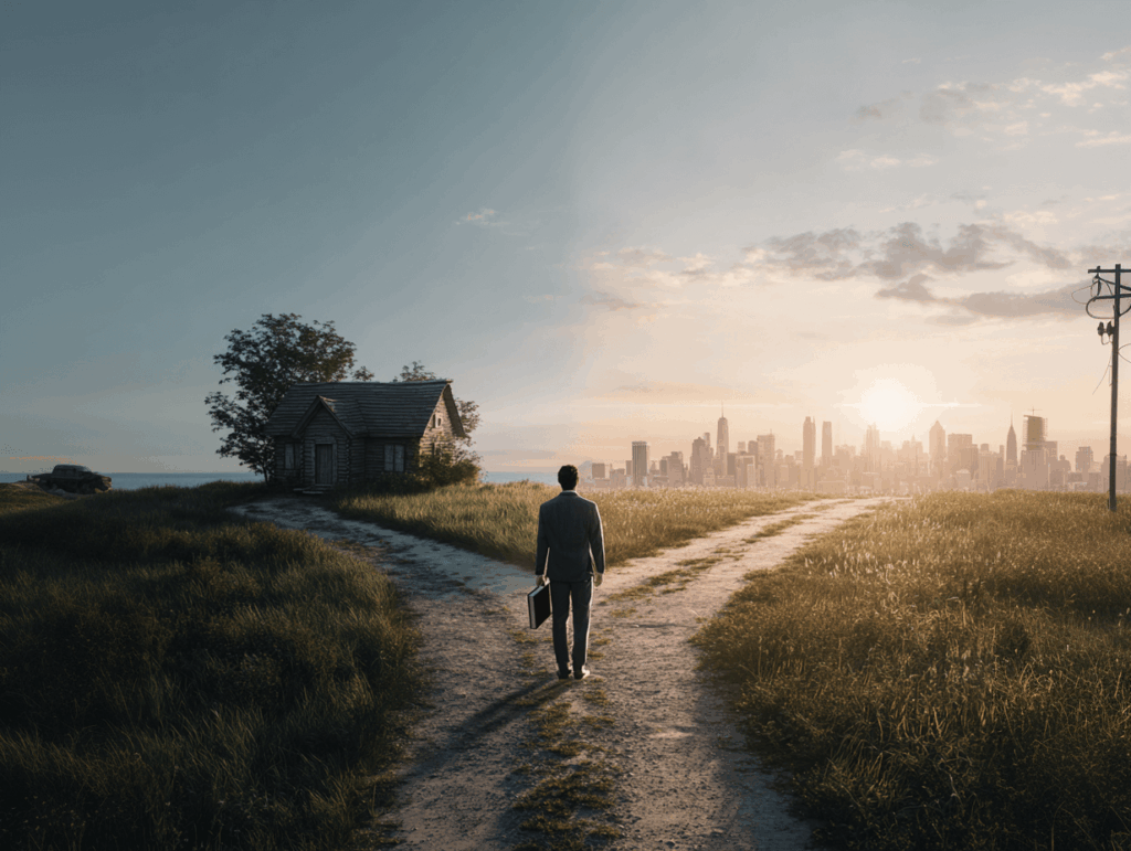Symbolische Szene: Ein Mensch steht am Scheideweg zwischen Armut und Wohlstand – inspiriert vom Finanzbuch „Rich Dad, Poor Dad“ und dem Weg zur Freiheit.