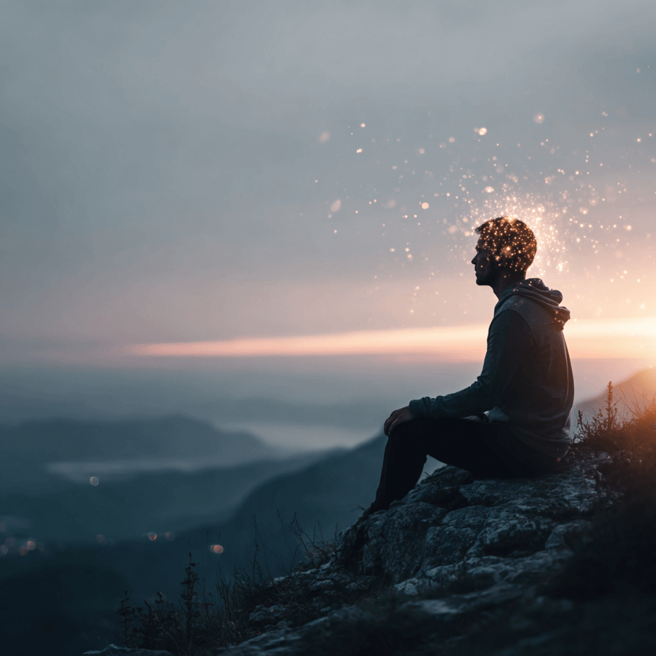 Erfolgreicher Mann sitzt im Morgengrauen auf einem Berggipfel mit leuchtendem Gehirn – Symbol für Fokus, Klarheit und mentale Stärke durch Limitless.