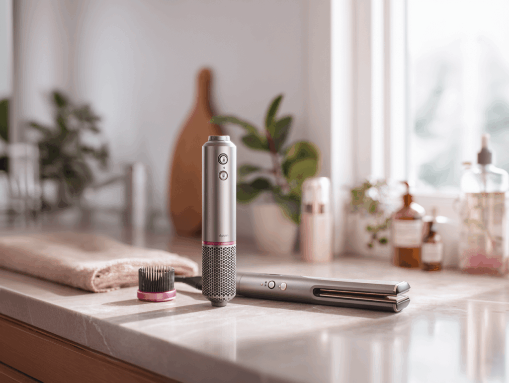 Haarstyler Dyson Airwrap i.d.™ mit Aufsätzen und Dyson Airstrait™ nebeneinander auf modernem Badezimmer-Tresen – direkter Vergleich beider Hairstyler in hochwertiger Umgebung
