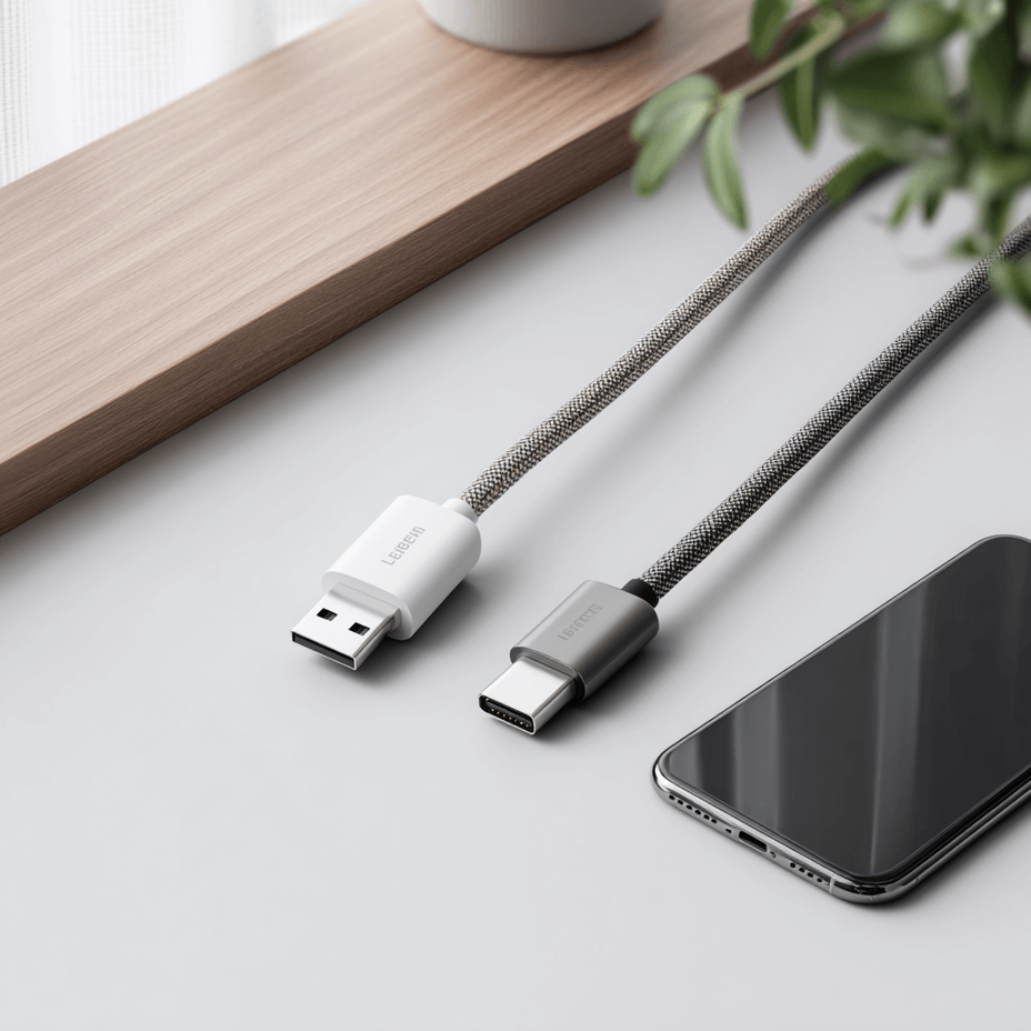 Zwei moderne USB-C Ladekabel (UGREEN und Belkin) nebeneinander auf einem hellen Schreibtisch – Fokus auf Design und Materialunterschiede.