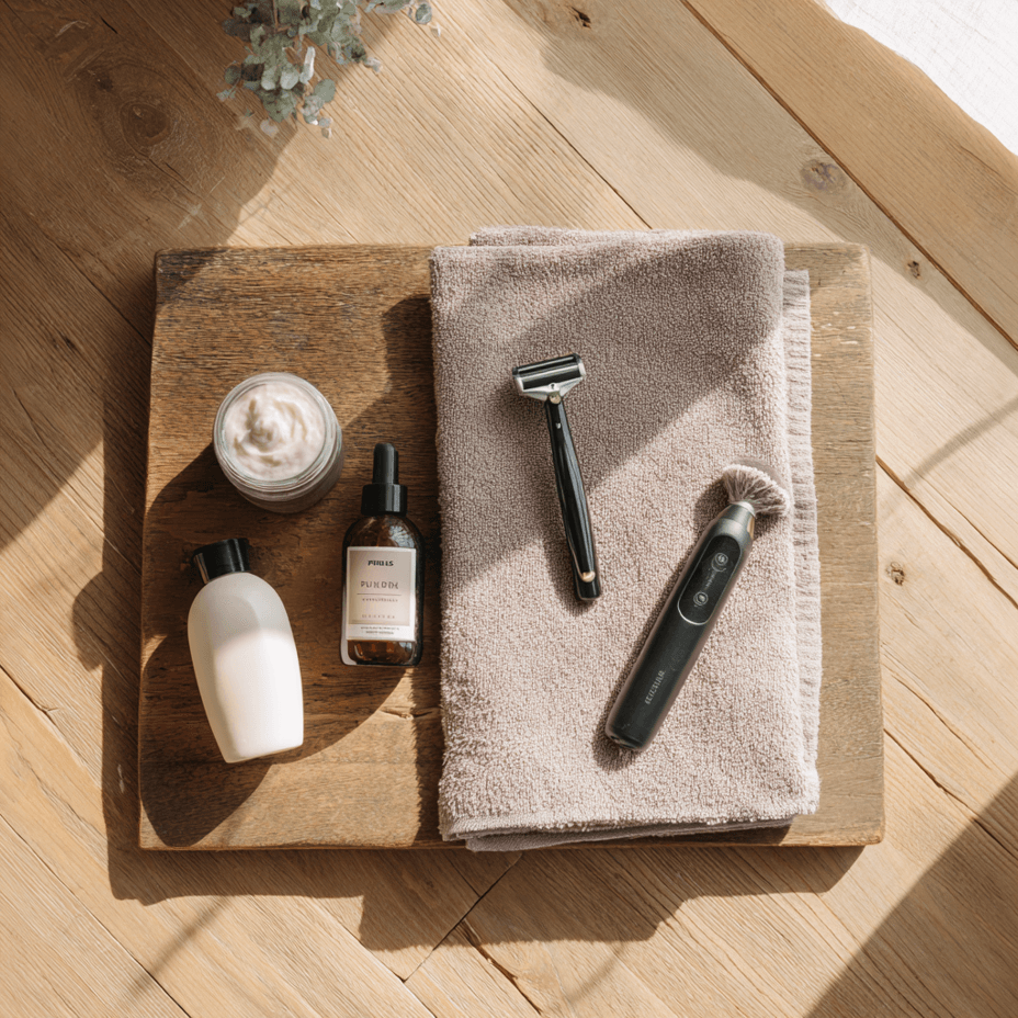 Flat-Lay-Foto mit Philips OneBlade, Braun Rasierer und Handtuch auf Holzuntergrund – Symbol für moderne Rasur und Pflege.