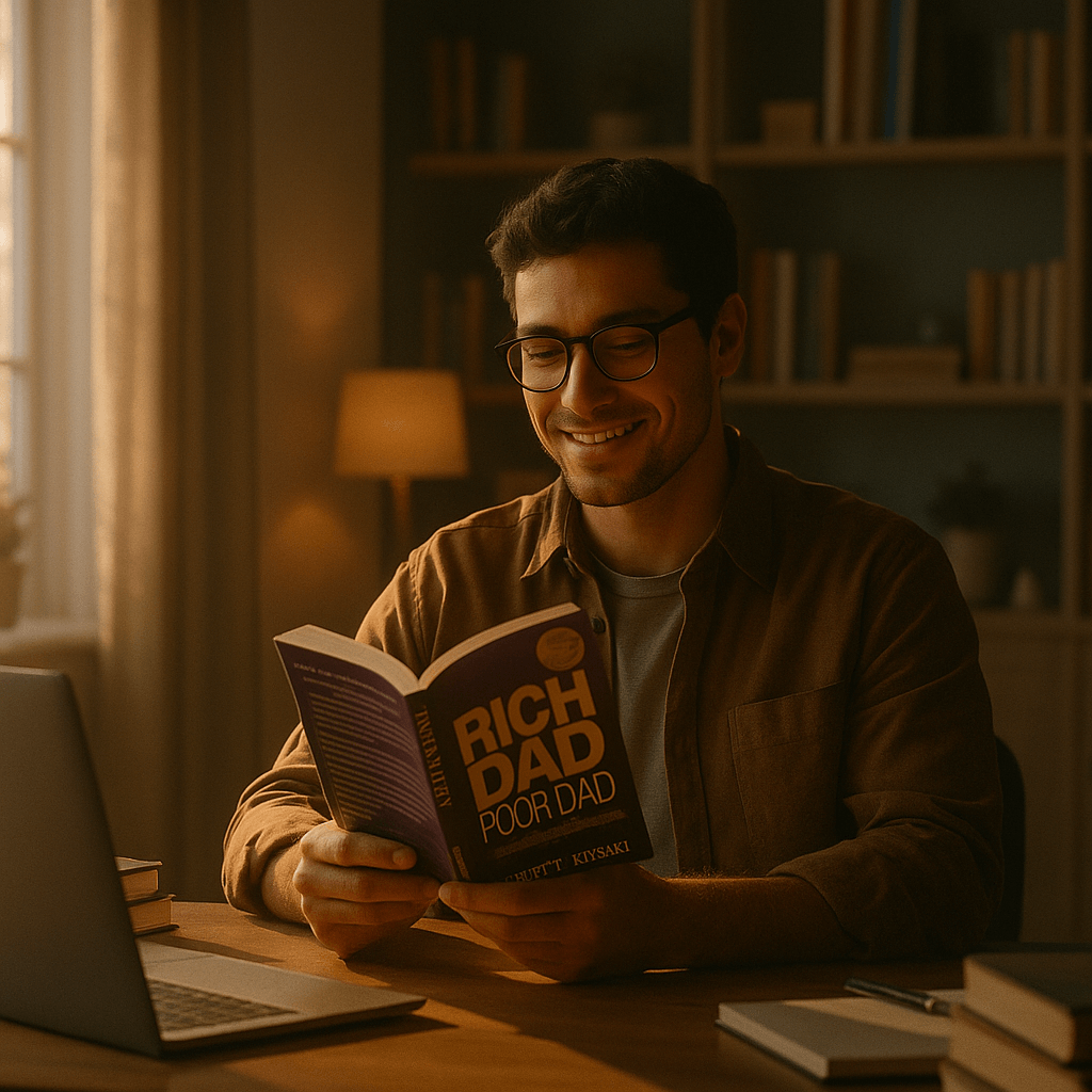 Motivierter Leser arbeitet an seinem Finanzplan nach den Prinzipien des Finanzbuchs „Rich Dad, Poor Dad“ – Symbol für Umsetzung und finanzielle Freiheit.