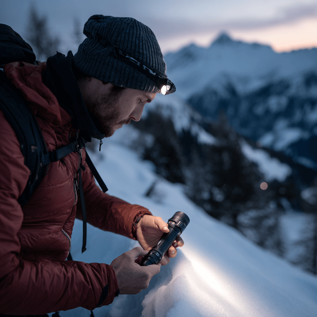 AAA Batterien im Einsatz in einer Stirnlampe bei winterlichen Outdoor Bedingungen