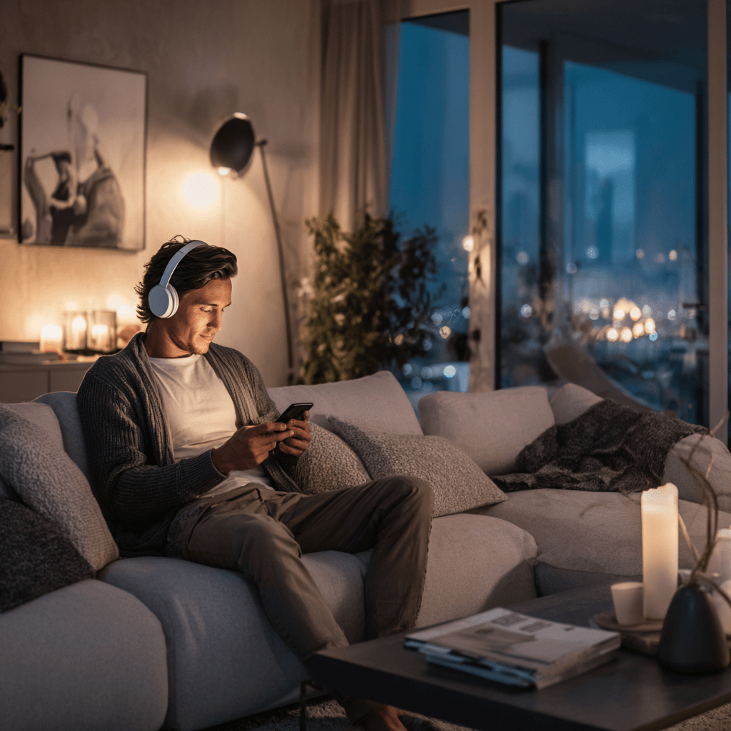 Person hört über Smartphone und Kopfhörer ein Audible Hörbuch Abo in einem gemütlichen Wohnzimmer – Alltagsszene für den Audible Hörbuch Abo Ratgeber.