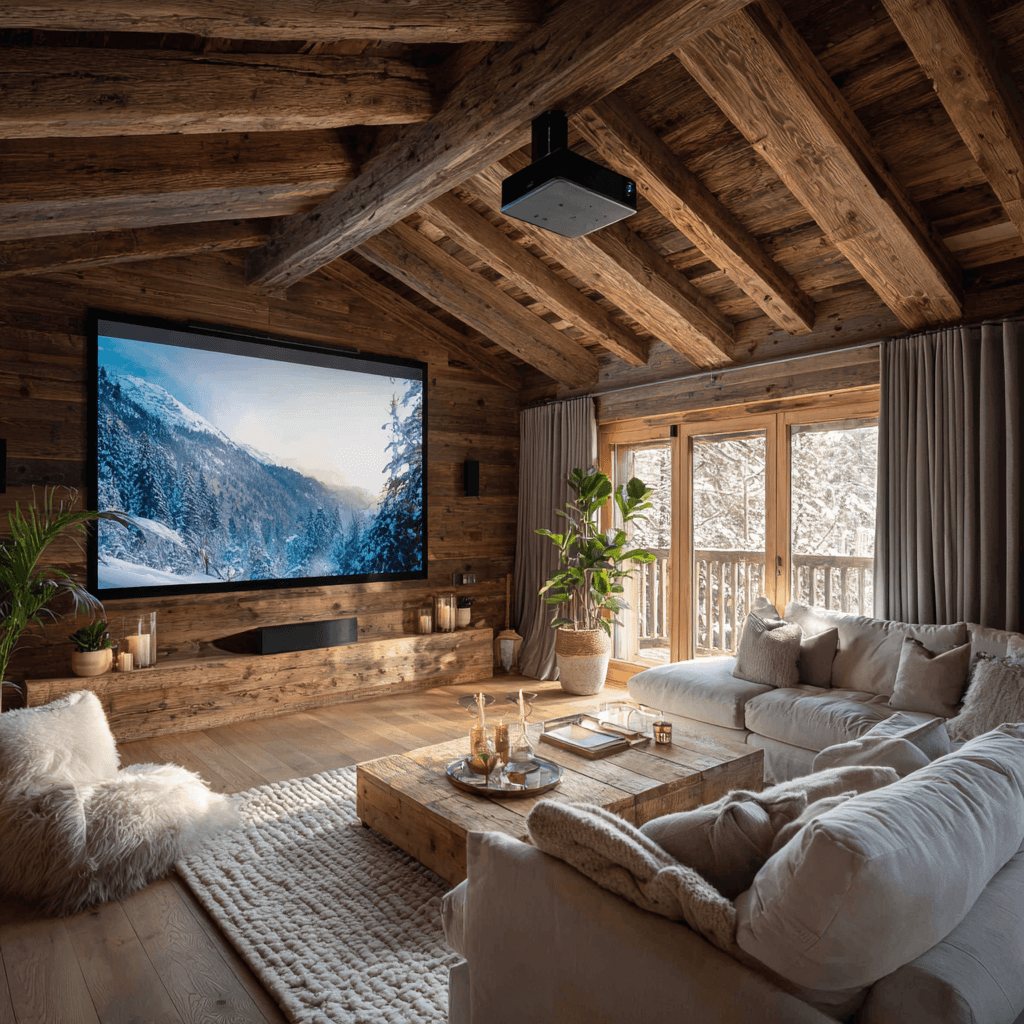 Heimkino mit Beamer-Installation und langem HDMI-Glasfaserkabel in einem modernen Chalet-Ambiente