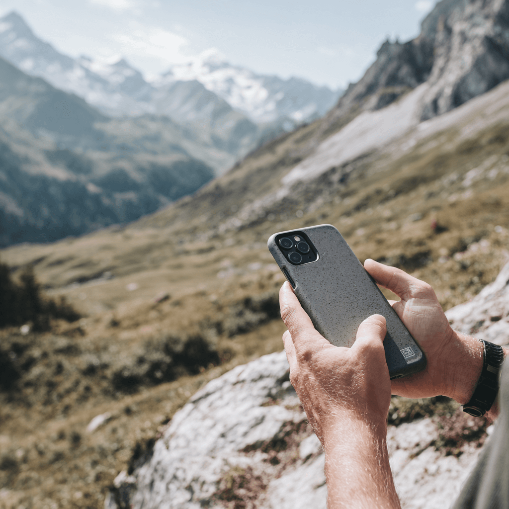 Person nutzt Smartphone mit robuster Handy Schutzhülle beim Wandern in den Schweizer Alpen – natürlicher Alltagstest für den Handy Schutzhülle Ratgeber.