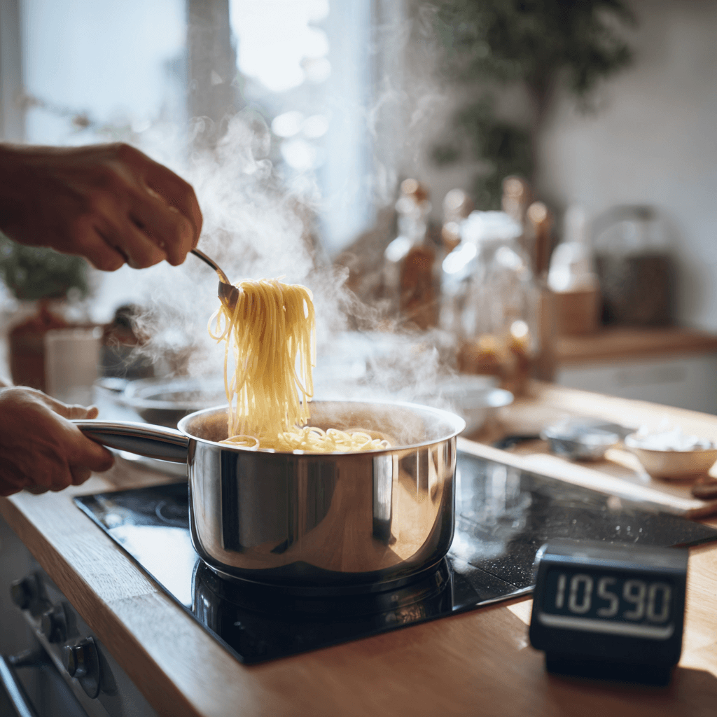Küchentimer im Einsatz beim Kochen von Pasta – realistisches Beispielbild für Küchentimer Ratgeber.